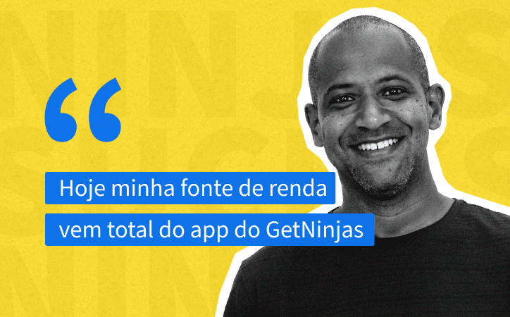 profissional Alex em um fundo amarelo com a frase escrita em azul "hoje minha fonte de renda vem do total do app do GetNinjas"