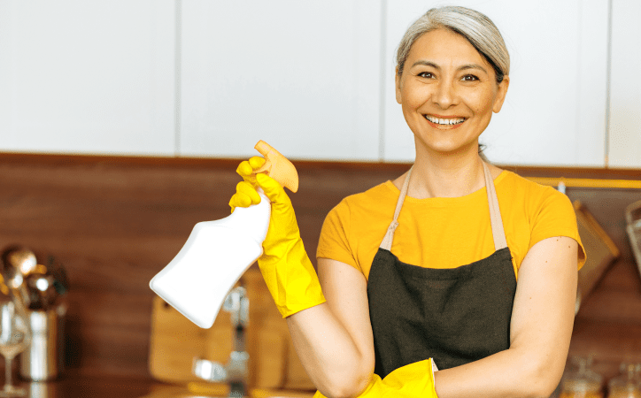 Mulher vestindo avental amarelo segurando um produto de limpeza.