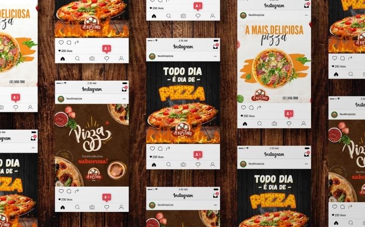 Conjunto de páginas do Instagram com imagens de pizza.