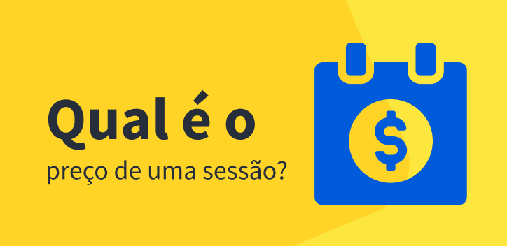 Arte com as cores amarelo e azul e um escrito perguntando "Qual o valor de uma sessão?"